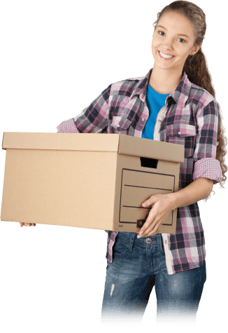 image of a smiling girl carrying a moving box