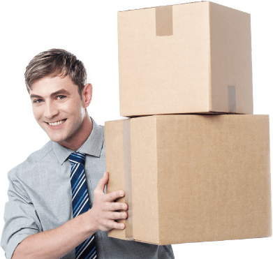 photo of a smiling business person holding two boxes