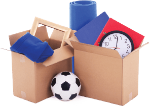 image of some packing boxes loaded with home items such as a kids football