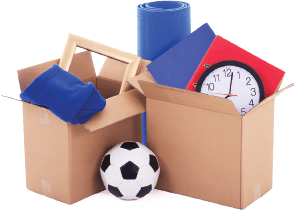 image of some packing boxes loaded with home items such as a kids football 