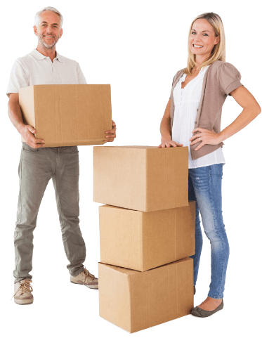 photo of a professional mover helping a lady with her move and boxes