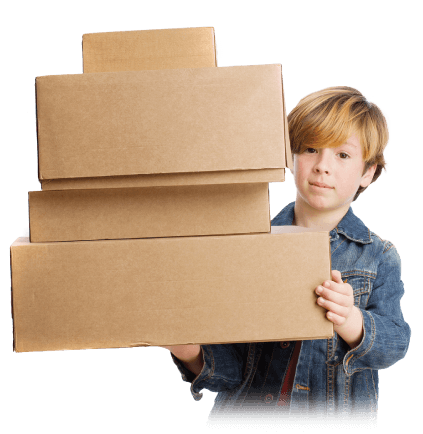 image of a small boy holding four cardboard packing boxes
